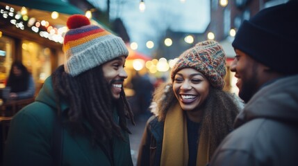 A group of friends having fun together on a lighted street one evening