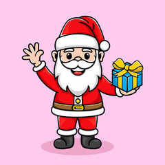 Cute Santa Claus greets with a gift box in his hand