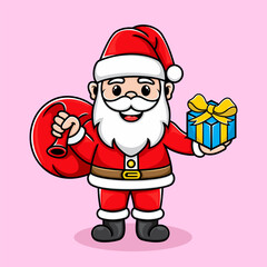 cute santa claus carrying gift box and carrying gift bag