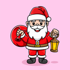 cute santa claus carrying a lantern and carrying a bag of gifts