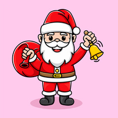 cute santa claus, ringing bells and carrying bags of gifts.