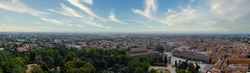 Aerial view of Reggio Emilia, Emilia Romagna, Italy. In the foreground, the city park also called...