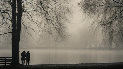 Two people in front of a foggy lake landscape - Powered by Adobe