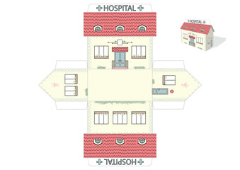 Make your own toy hospital house cut and glue paper craft model. Children art game. Vector illustration