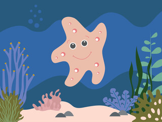 Colorful underwater world with sea star, starfish amongst the seaweed and rocks, vector cartoon illustration