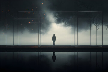 Person sitting alone in a dark foggy place, depicting the concept of depression or loneliness