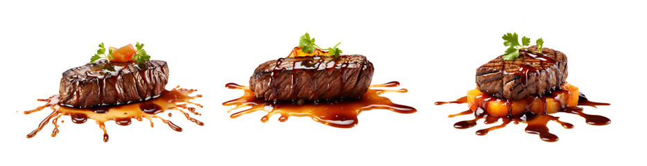 grilled steak in splash of demiglas sauce 