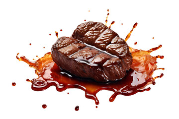 grilled steak in splash of demiglas sauce in Heart shape - obrazy, fototapety, plakaty