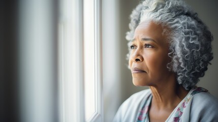 Sick and old woman looks out the window - obrazy, fototapety, plakaty