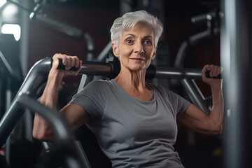 Fototapeta na wymiar Mature or senior woman training and doing exercise in on a machine at the gym. Active pensioner lifestyle and concept.