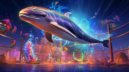 a playful dolphin leaping in the air, adorned with aquatic-themed New Year decorations, splashing water droplets in the glow of colorful lights, celebrating the arrival of 2024.
