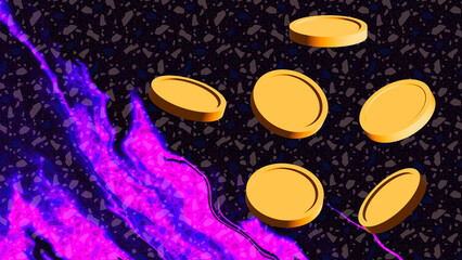 Obraz na płótnie Canvas Golden coin on fluid blur neon light blue pink wave. Black grunge background. Abstract backdrop. Glitch Art trippy digital texture. Violet color. Metaverse space. Сrypto currency. Contactless payment