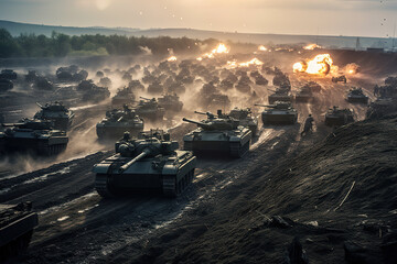 Attack scene with armored vehicles and battle tanks with explosions in the background. War concept.