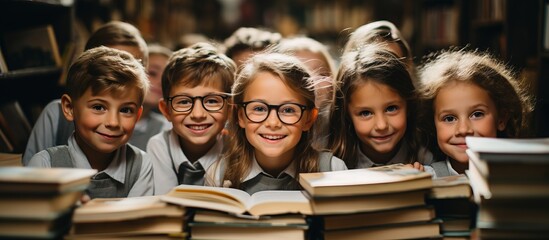 Baby boys and girls smiling reading books with glasses. A happy schoolboy in a classroom and a nursery uniform.
