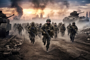 Army soldiers in the fog against a sunset, marines team in action, surrounded fire and smoke, shooting with assault rifle and machine gun, attacking enemy. - obrazy, fototapety, plakaty