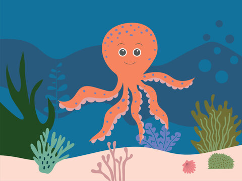 Colorful underwater world with an octopus amongst the seaweed and rocks, vector cartoon illustration