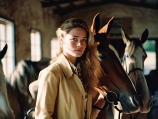 Fototapeta na wymiar Woman in a yellow coat standing next to horses.