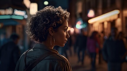 Woman walking down a city street at night.