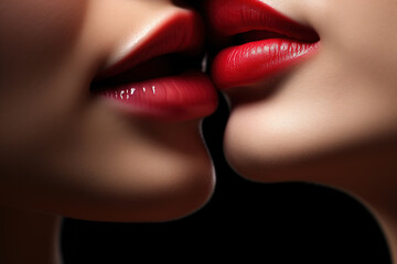 Closeup of pair women mouths kissing over black background. - obrazy, fototapety, plakaty