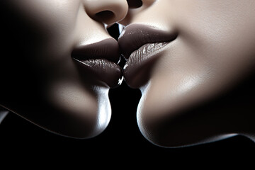 Desaturated photo of women's lips close up. Lesbian kiss. Intimate relationship and sexual relations. Closeup lesbian mouths kissing. - obrazy, fototapety, plakaty