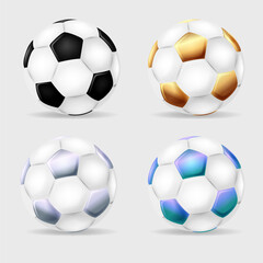 Soccer ball. Football balls Set realistic 3d design style. Mockup of sports elements isolated on white background. Sport layout design. Vector illustration EPS10
