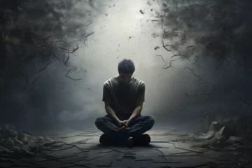 Fotobehang Man sitting alone in a dark room depicting emotional distress like sadness or depression © Dennis