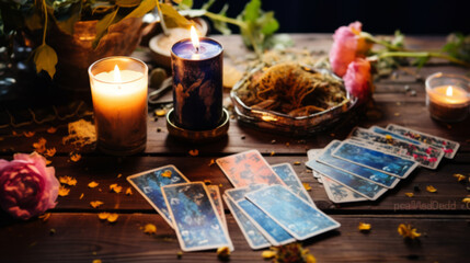 Obraz na płótnie Canvas Fortune-telling tarot cards and magic accessories