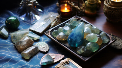Obraz na płótnie Canvas Beautiful esoteric and mystical altar for meditation with crystals and semi-precious stones
