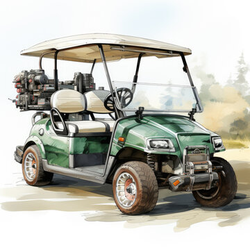 Watercolor Golf Cart Clipart, Generative Ai