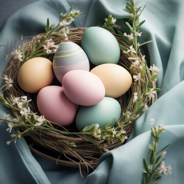 Beautiful Easter eggs and spring branches on fabric background, closeup