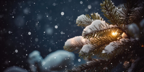 Christmas tree  branch in snow at night. Snowy Pine or Fir Tree Branches. Beautiful Background for Christmas, Winter, XMas or New Year Greeting card, banner, invitation design