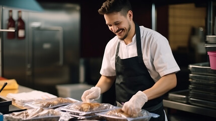 The chef in restaurant kitchen finishes the food ready for delivery in takeaway packages