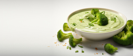 Flying broccoli in the Splash of green Broccoli cream soup in pan 