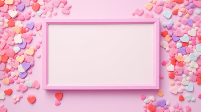 Valentine's Day composition. Photo frame and hearts on pastel pink background.