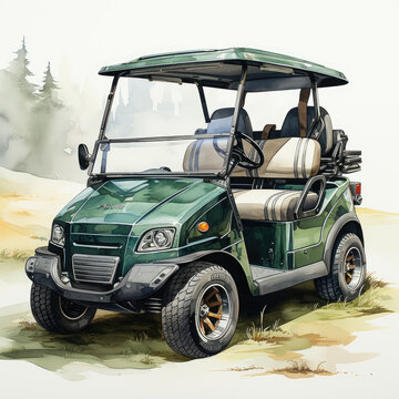 Watercolor Golf Cart Clipart, Generative Ai