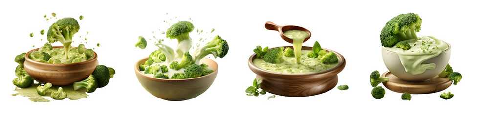Flying broccoli in the Splash of green Broccoli cream soup in pan  - obrazy, fototapety, plakaty