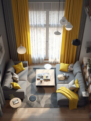 Living room with yellow curtains and a coffee table.