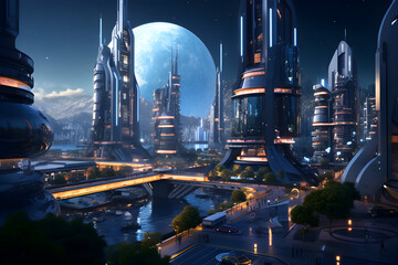 Fictional futuristic city on another planet at night