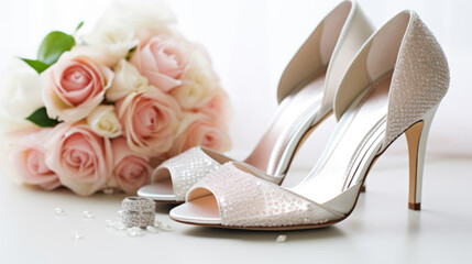 Composition with wedding high heel shoes and flowers on white background - obrazy, fototapety, plakaty