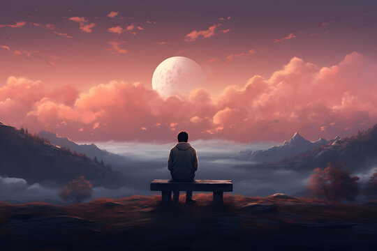 Person sitting alone on a bench, looking at the moon on a cloudy night