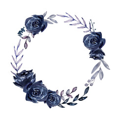 Floral wreath with watercolor dark roses