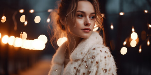 Portrait of a Young Woman standing on winter city street at night, in background there are city lights. Beauty Girl at Christmas or New Year Party