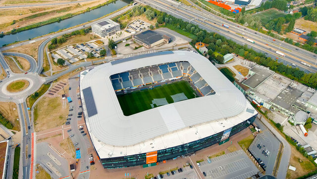 Ghent, Belgium - July 20, 2023: Ghelamco Arena - Home arena of the Ghent football club, built in 2013, Aerial View