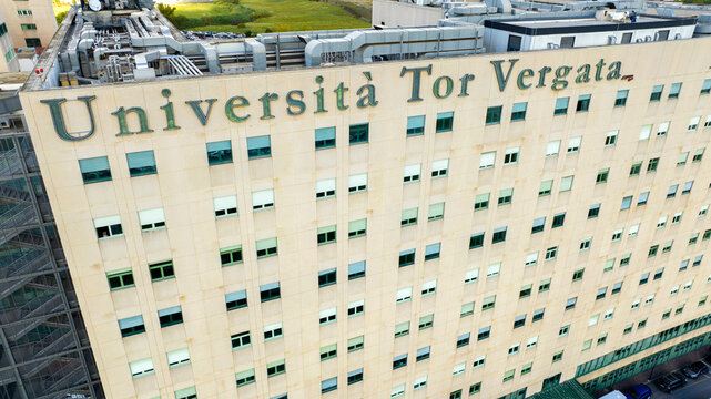 Aerial view of the Tor Vergata polyclinic. It is an Italian hospital and university center. Rome, Italy - November,  2023