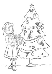 A girl having christmas present. Christmas coloring page for kids.