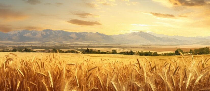 In the summer the light cast a gentle glow over the golden wheat field in Spain where the tall stems of ripe plants were swaying gracefully in the breeze creating a picturesque prairie scen