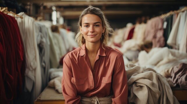 Ethical fashion concept using eco-friendly materials. Portrait of a girl wearing clothes made from reused recycled fabric.