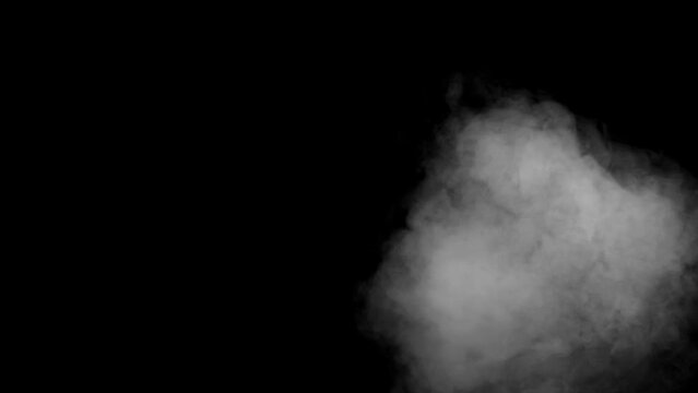 Abstract white smoke animation on a black background. Smoke, steam, explosion, fire, puff, steady vapors. Realistic smoke cloud from up and button with floating fog. Best for using in composition.