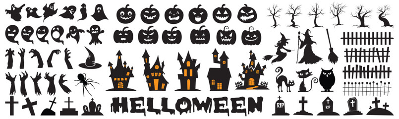 Set of silhouettes of Halloween on a white background. Vector illustration