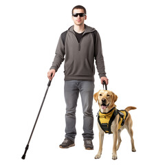Blind man with sunglasses and cane and service dog - obrazy, fototapety, plakaty